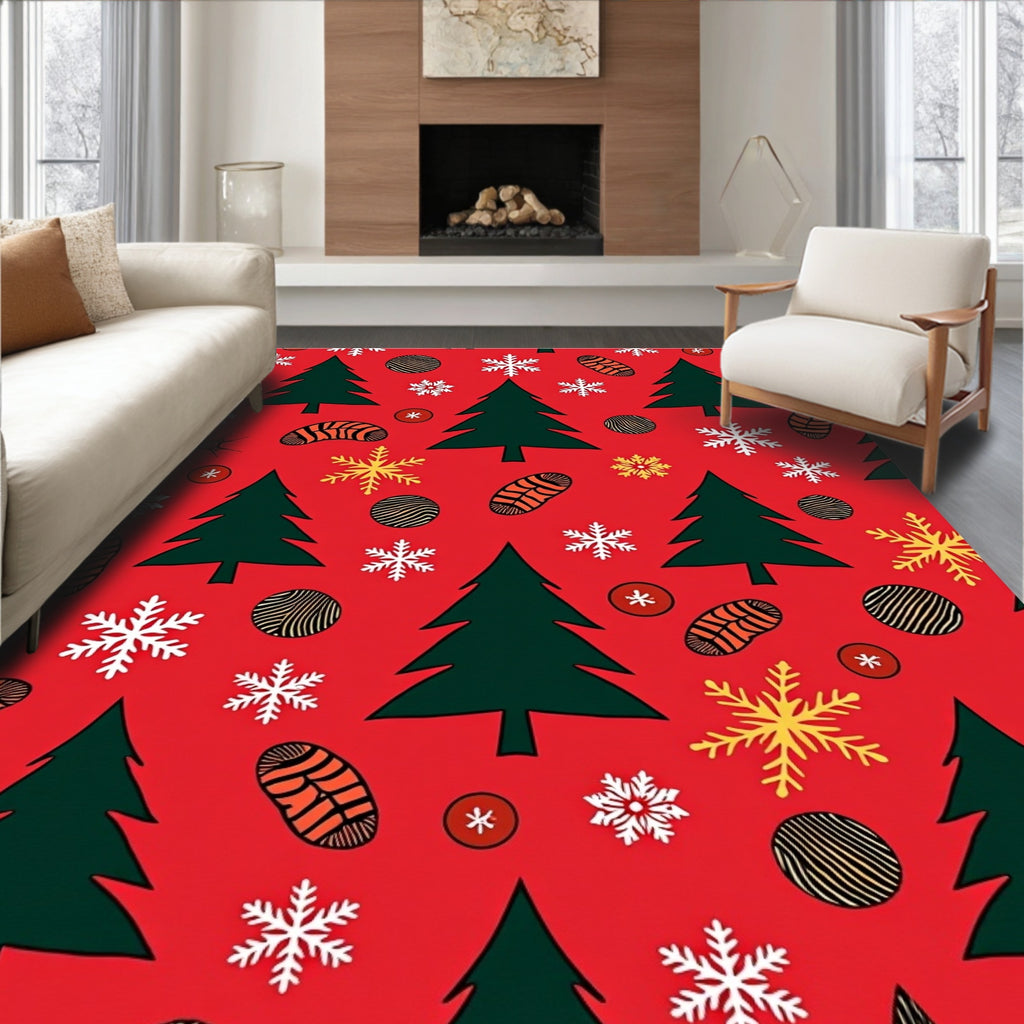 Festive Red Evergreen Snowflakes Accents Rug