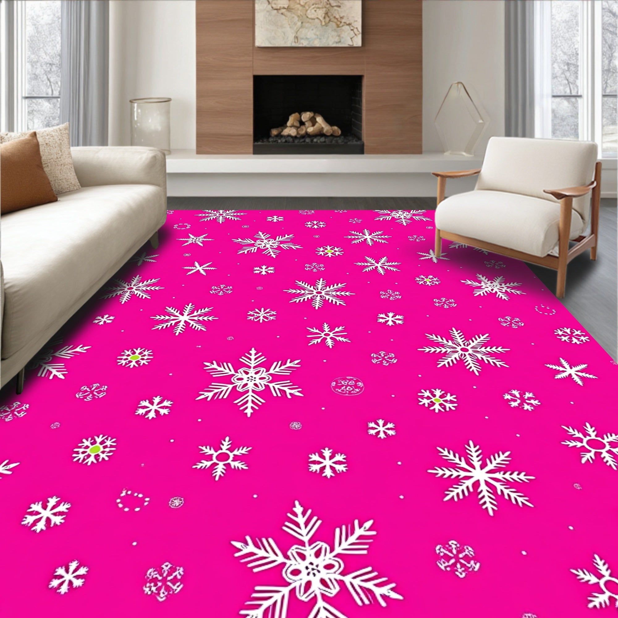 Bright Pink White Snowflake Scatter Rug