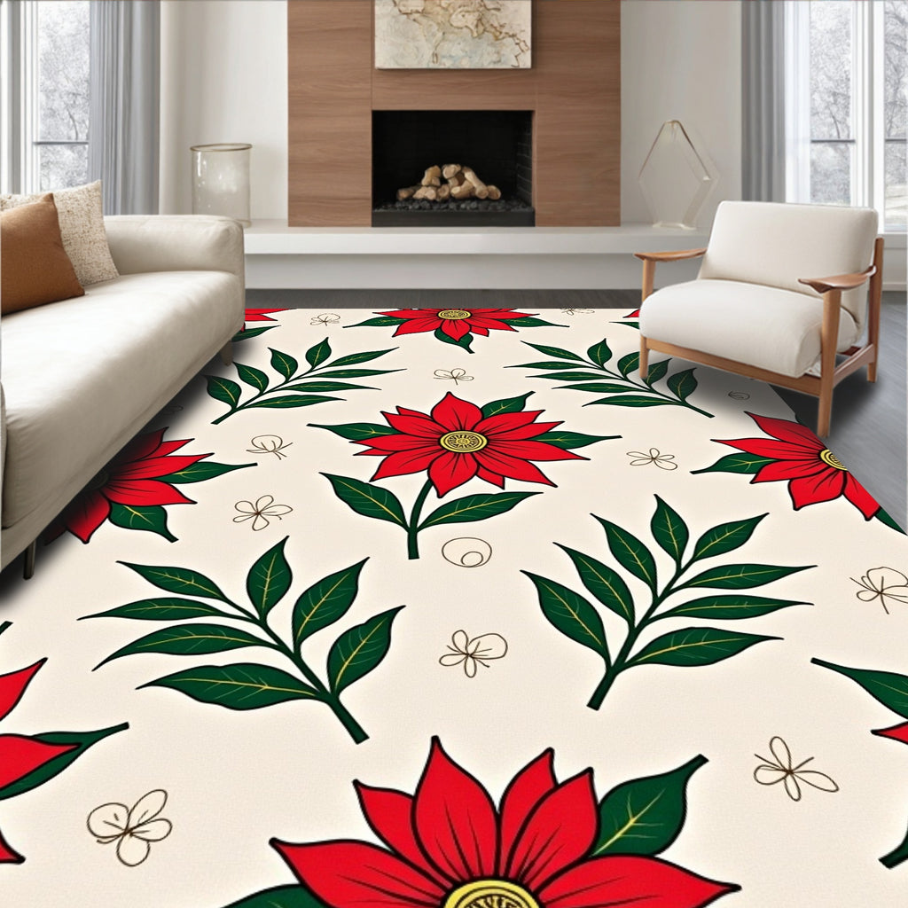 Festive Red Poinsettia Blossom Delight Rug