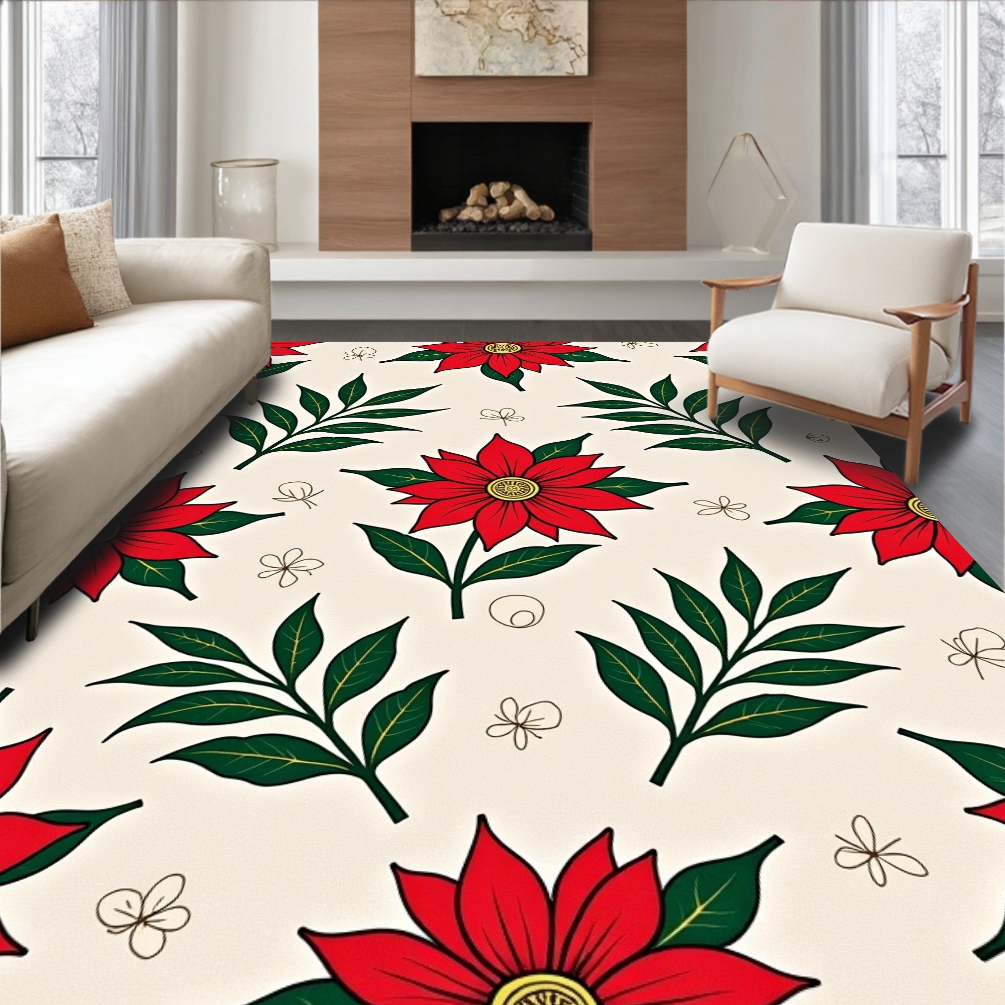 Festive Red Poinsettia Blossom Delight Rug