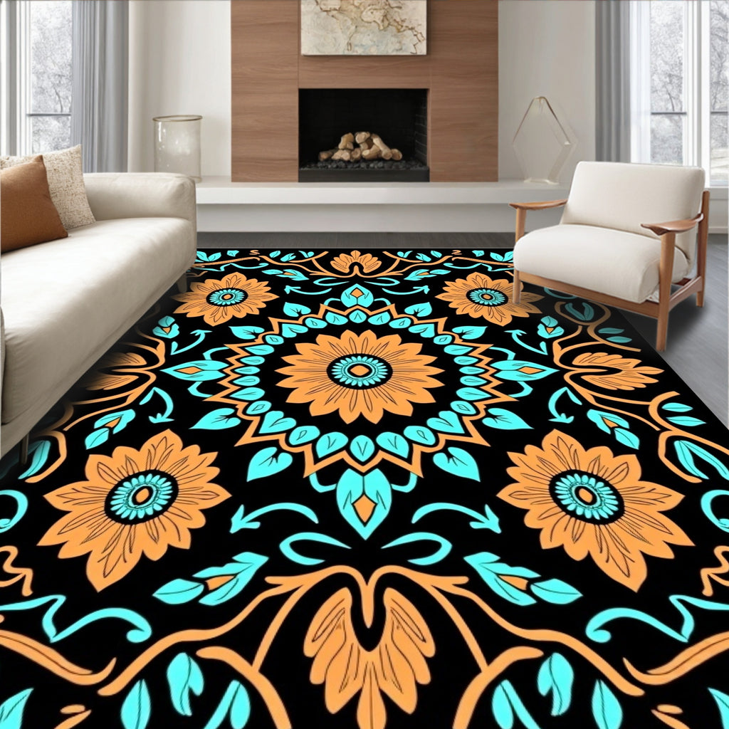 Orange Teal Sunflower Mandala Rug