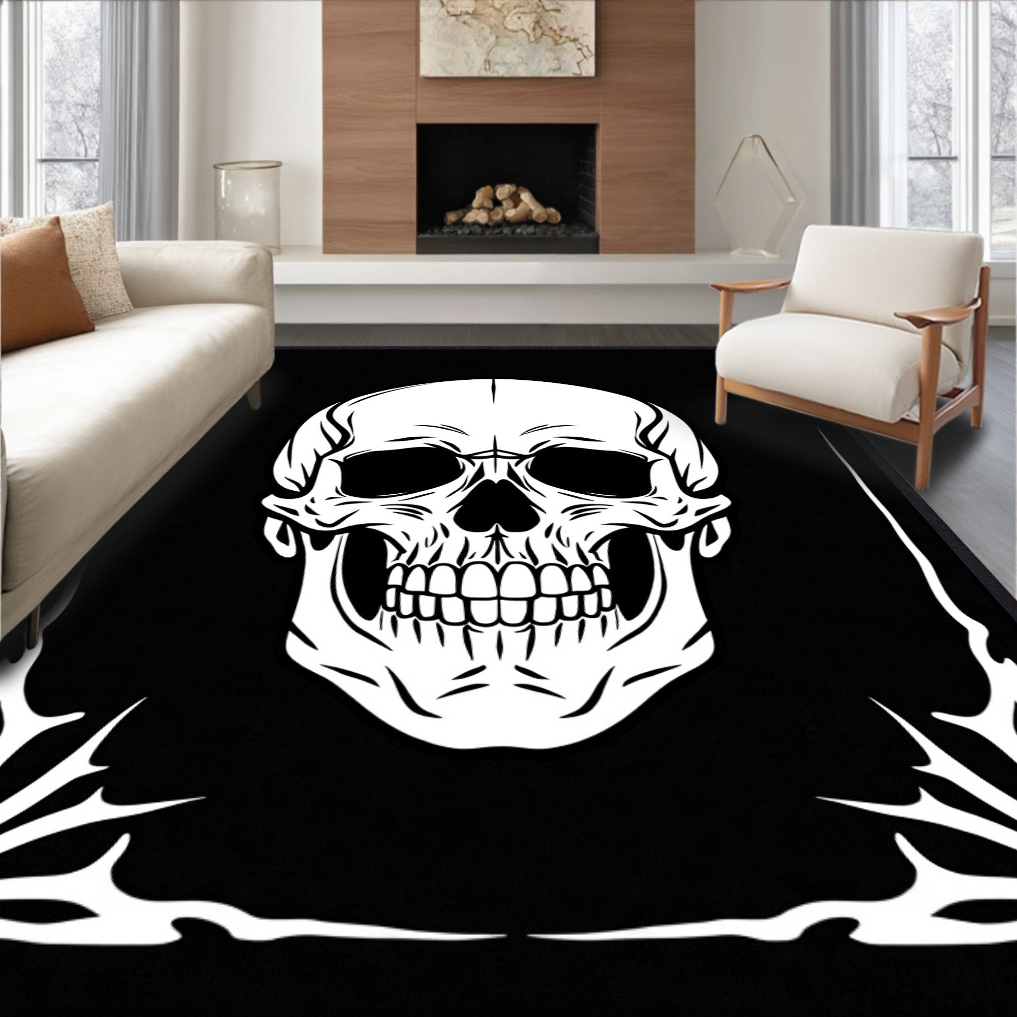 Monochromatic White Skull Graphic Black Rug