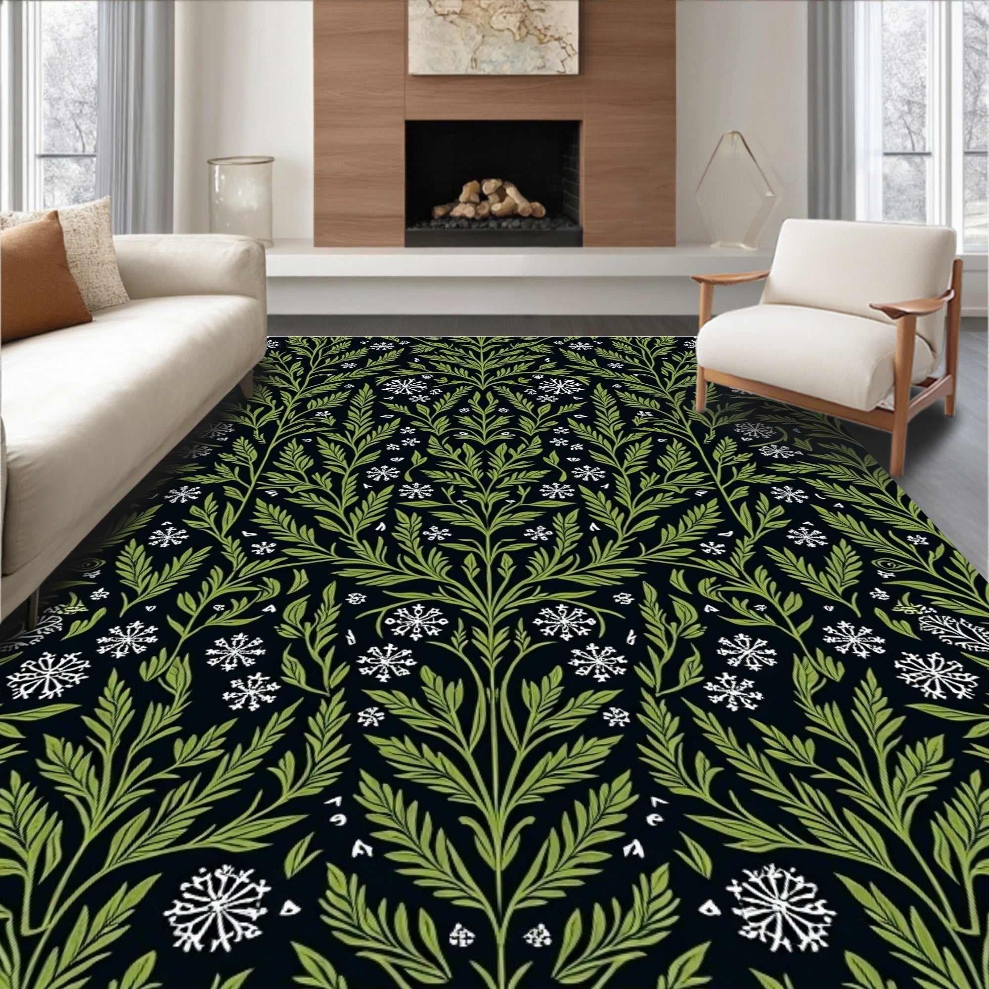 Green Leaf Snowflake Botanical Garden Rug