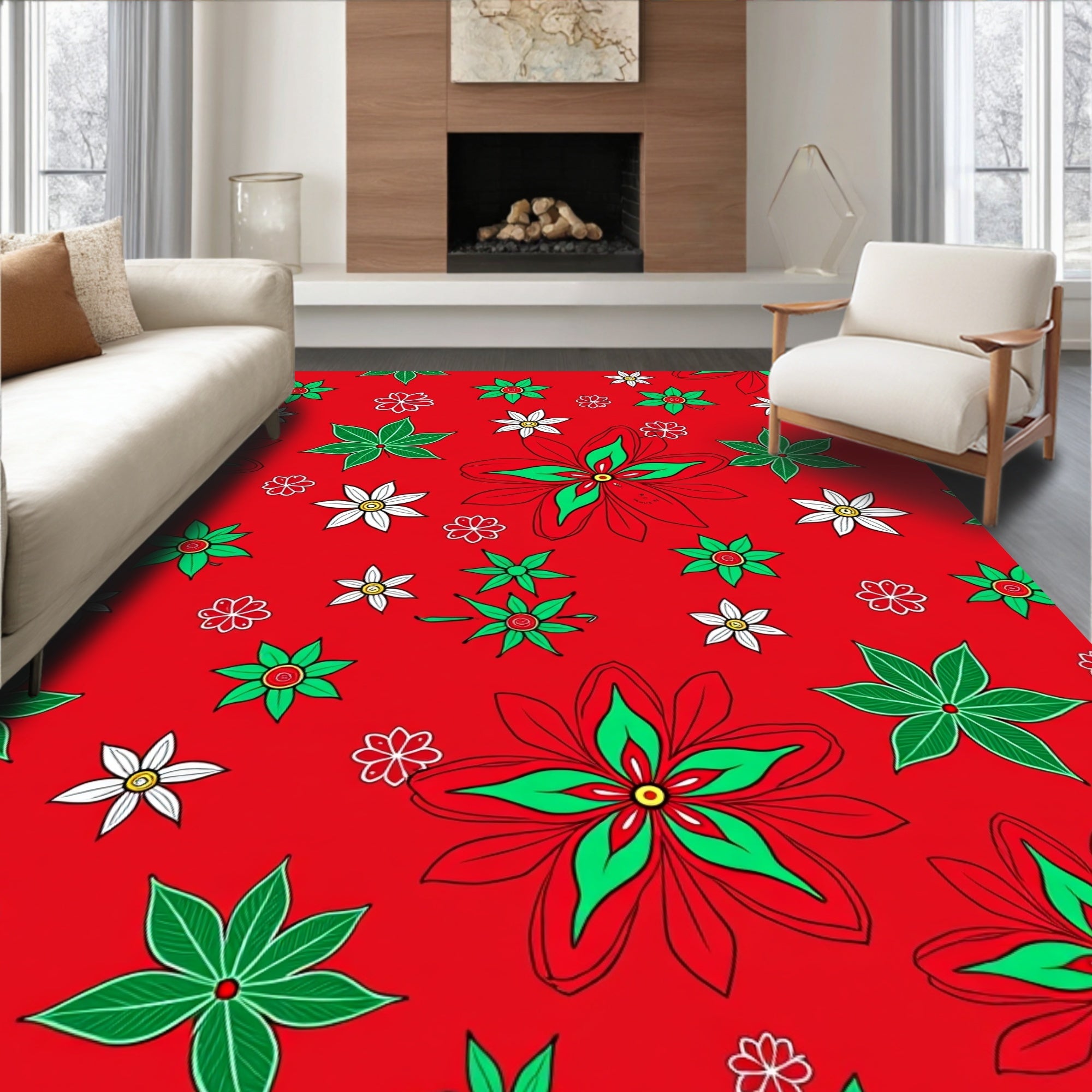 Vibrant Red Green Flower Medley Rug
