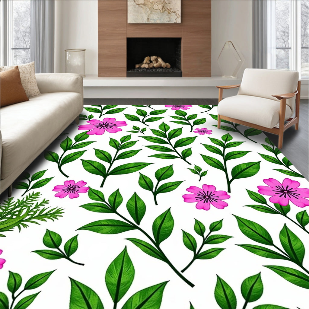Pink Flowers Green Leaves Botanical Harmony Rug