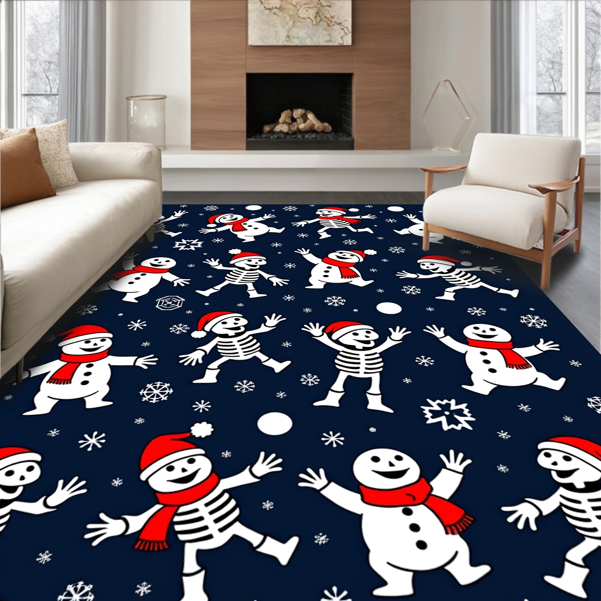 Whimsical Snowman Skeleton Snowfall Companions Rug