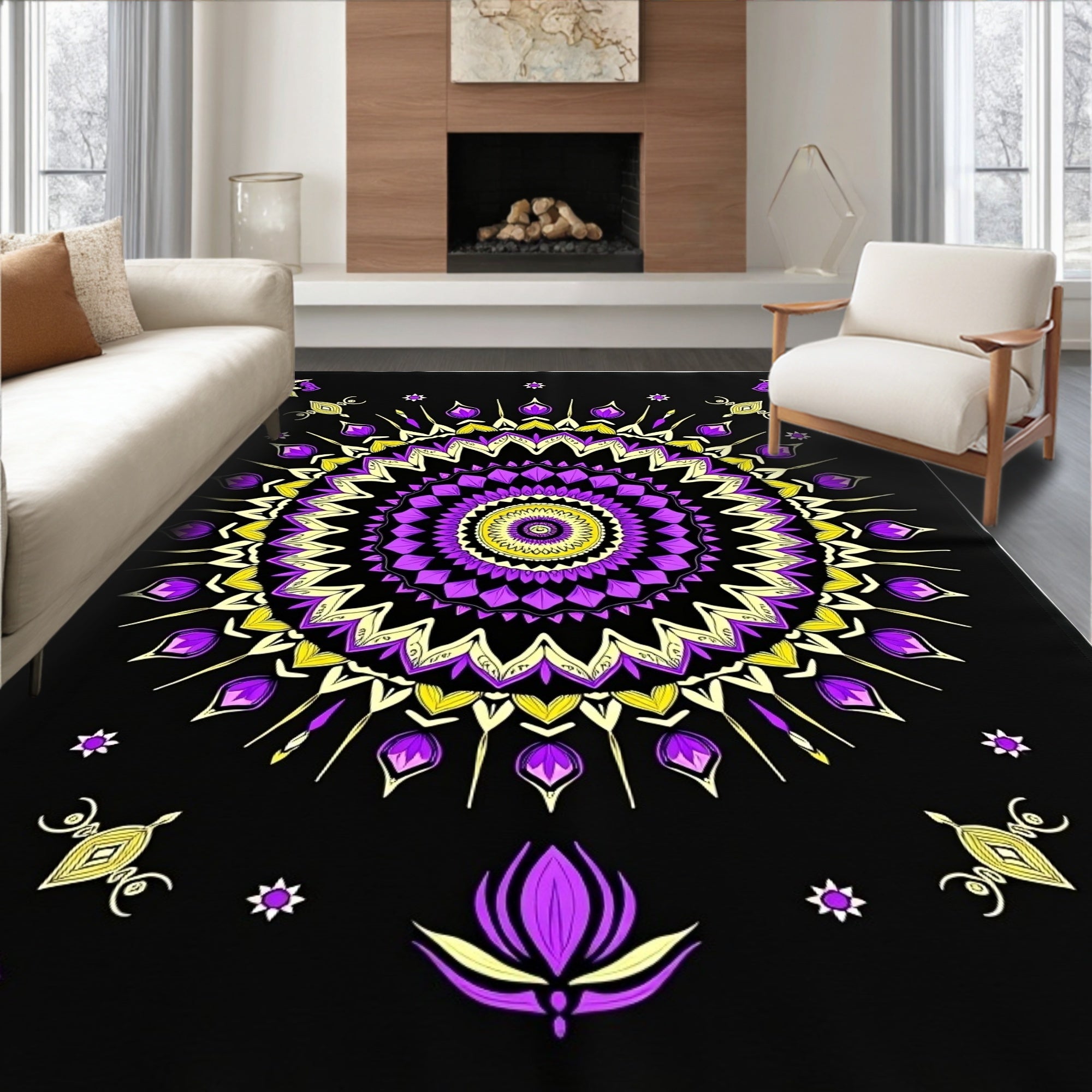 Vibrant Purple Yellow Medallion Mandala Rug
