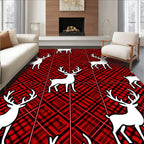 Red Plaid White Deer Silhouette Rug