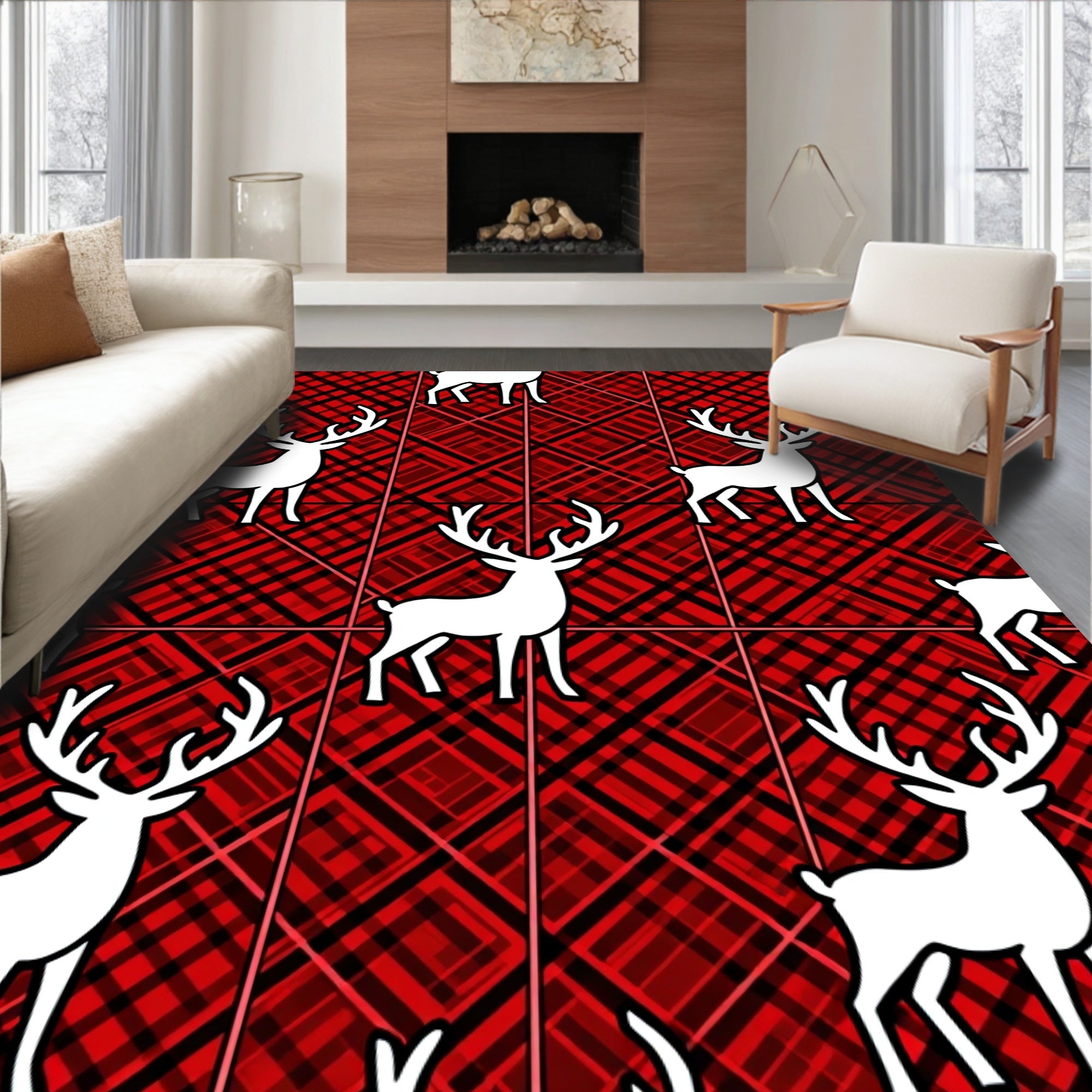 Red Plaid White Deer Silhouette Rug