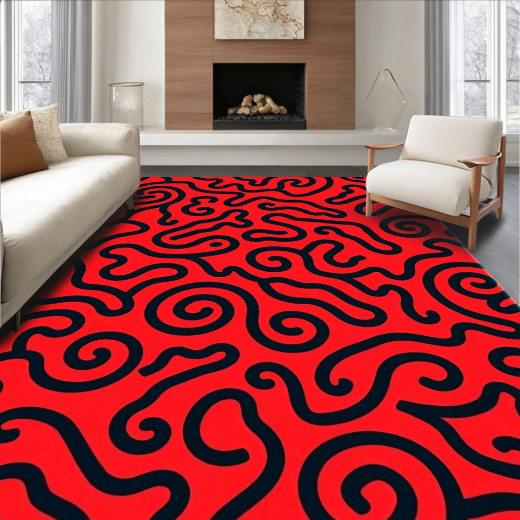 Red and Black Swirl Abstract Rug