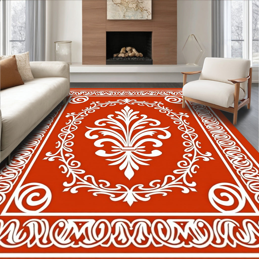 Classic Orange White Fleur-de-lis Border Rug