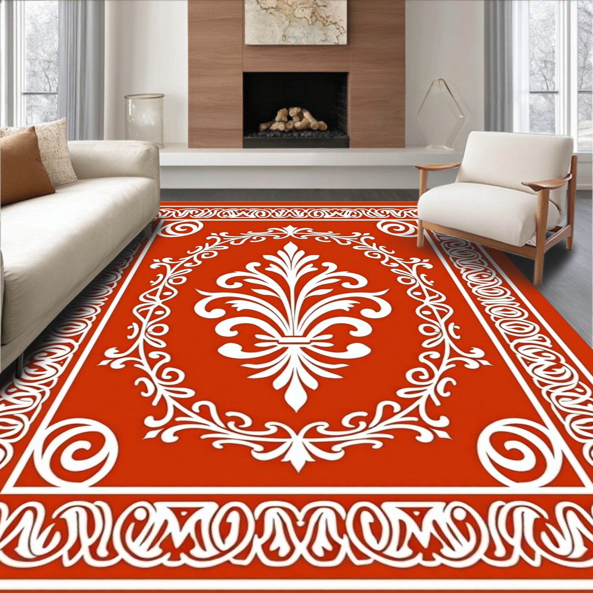Classic Orange White Fleur-de-lis Border Rug