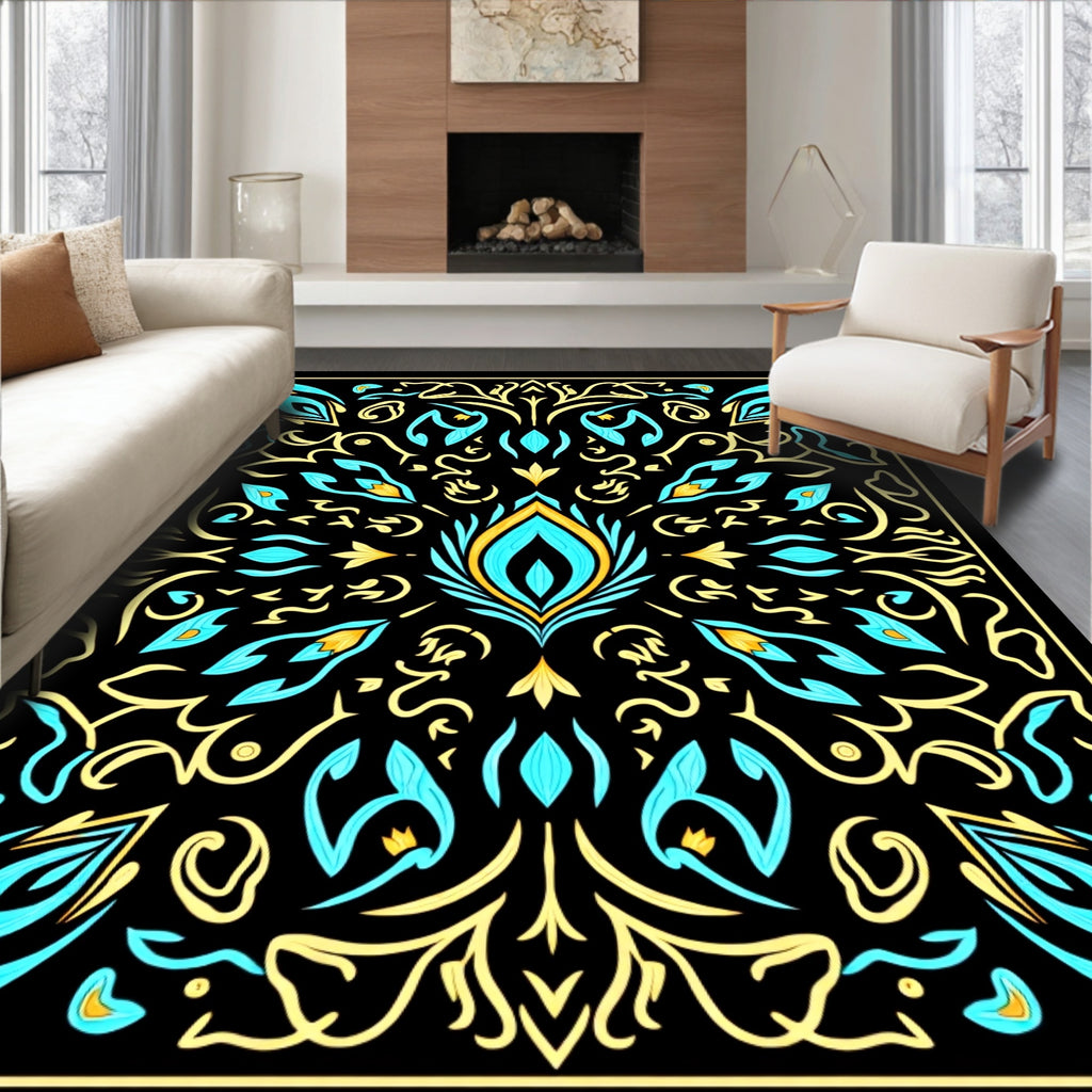 Turquoise Yellow Floral Scrollwork Symmetry Rug