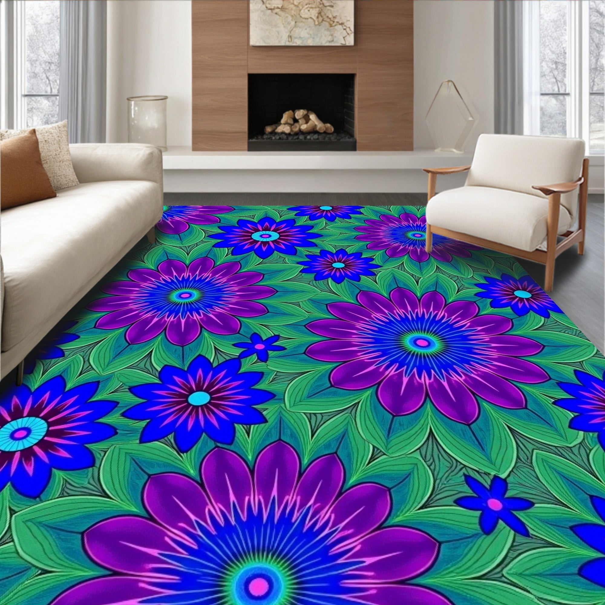 Vibrant Purple Blue Green Floral Mandala Rug