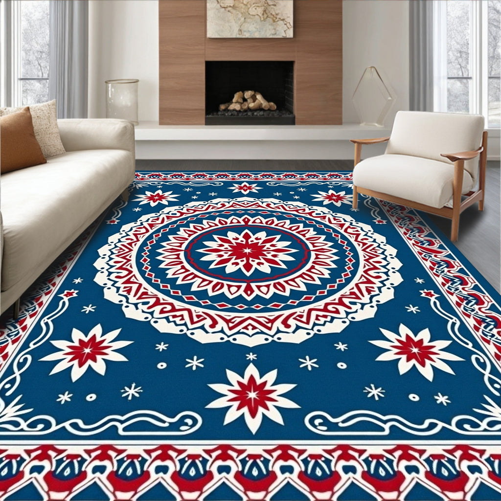Bold Blue Red White Starburst Medallion Rug