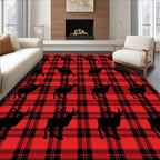 Red Black Plaid Deer Silhouette Rug