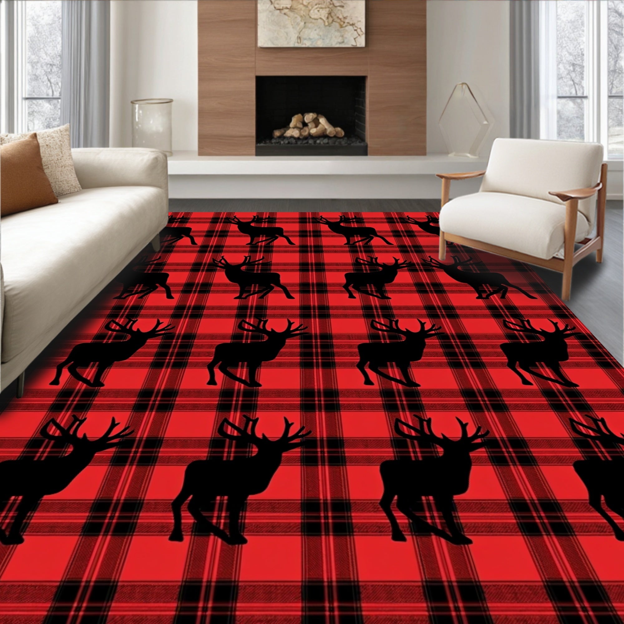 Red Black Plaid Deer Silhouette Rug