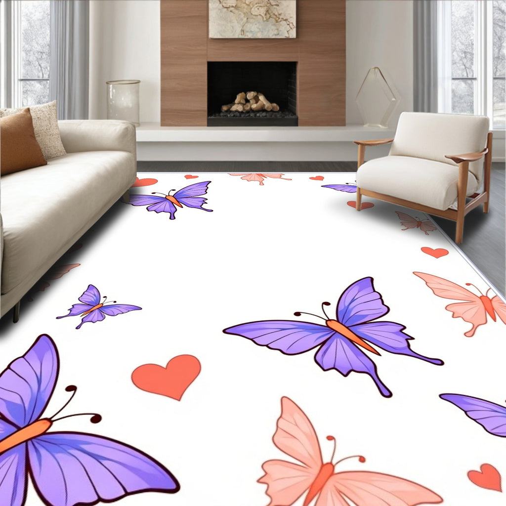 Whimsical Purple Butterfly Hearts Garden Rug