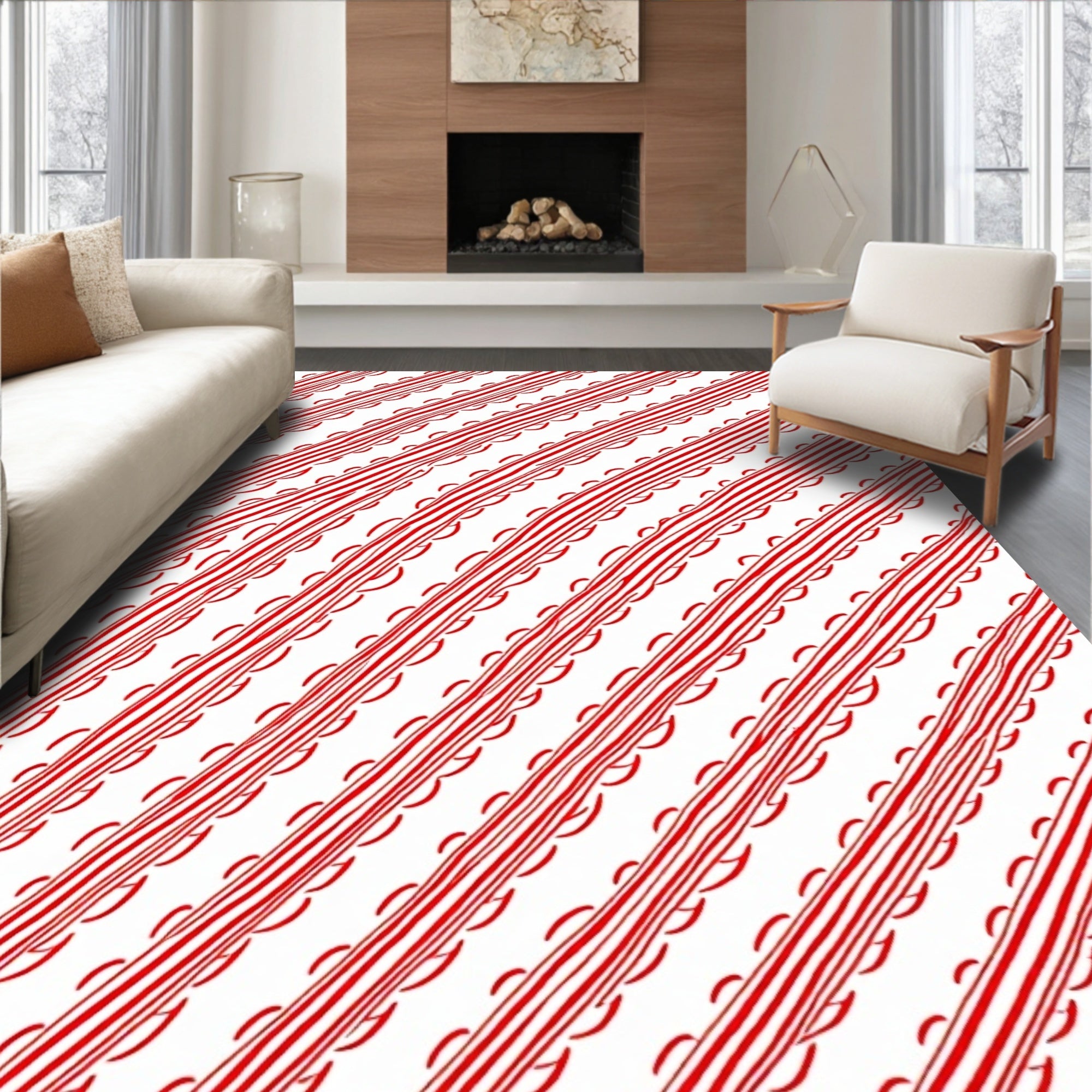 Crimson Red Diagonal Stripe Swirl Rug