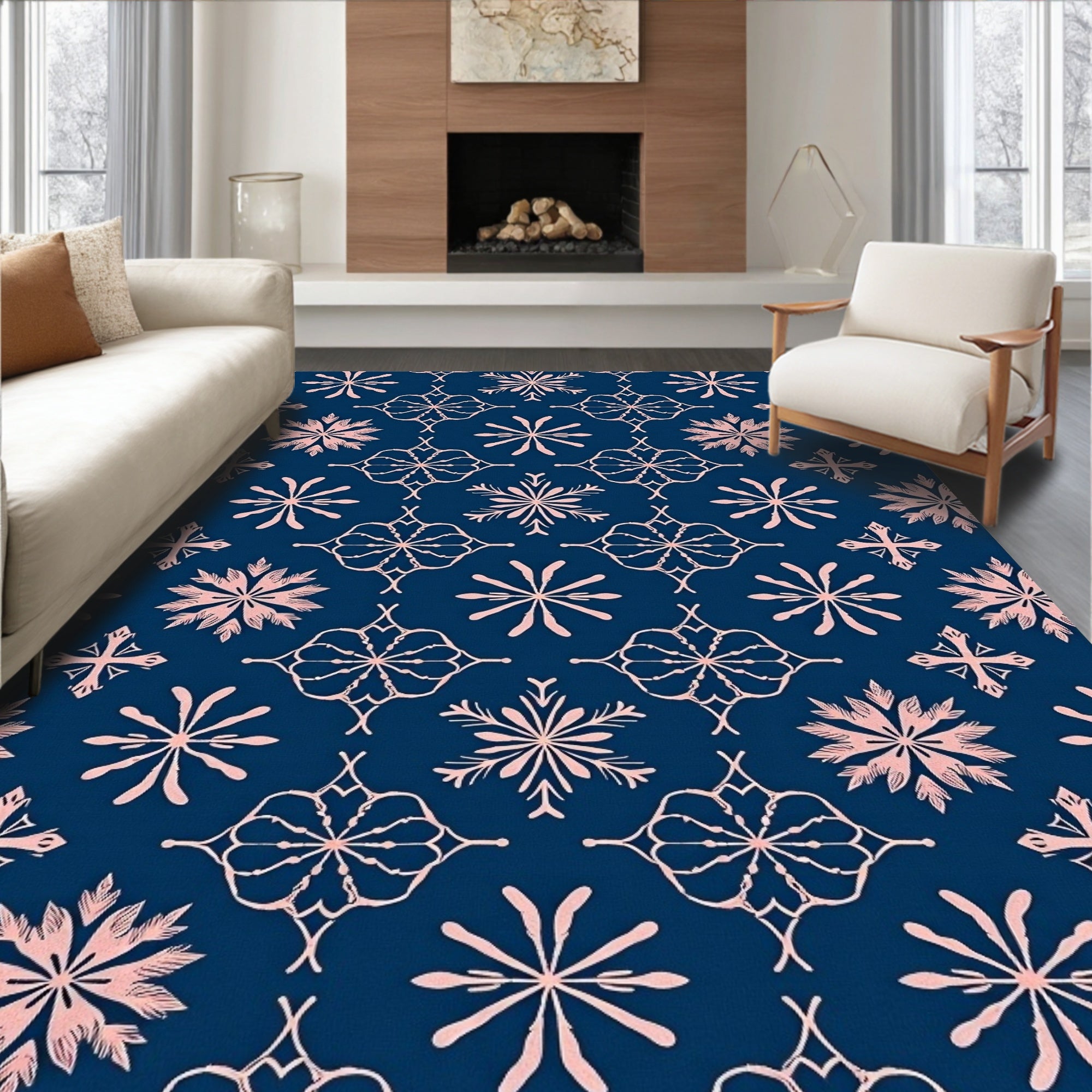 Navy Rose Snowflake Medallion Rug