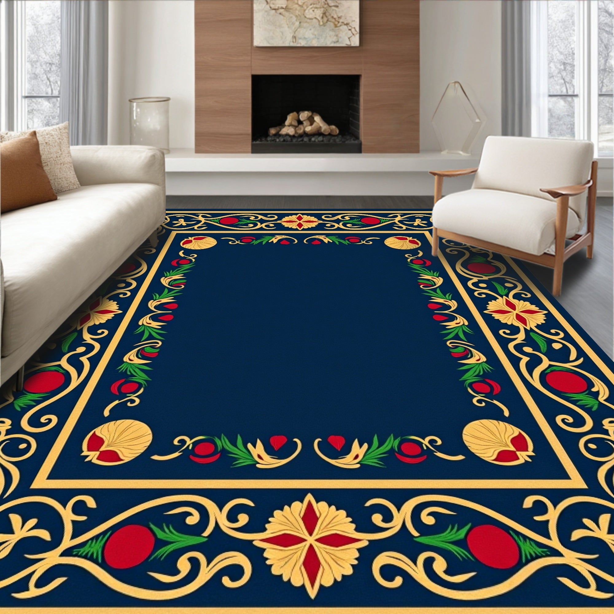 Rich Indigo Floral Medallion Border Rug
