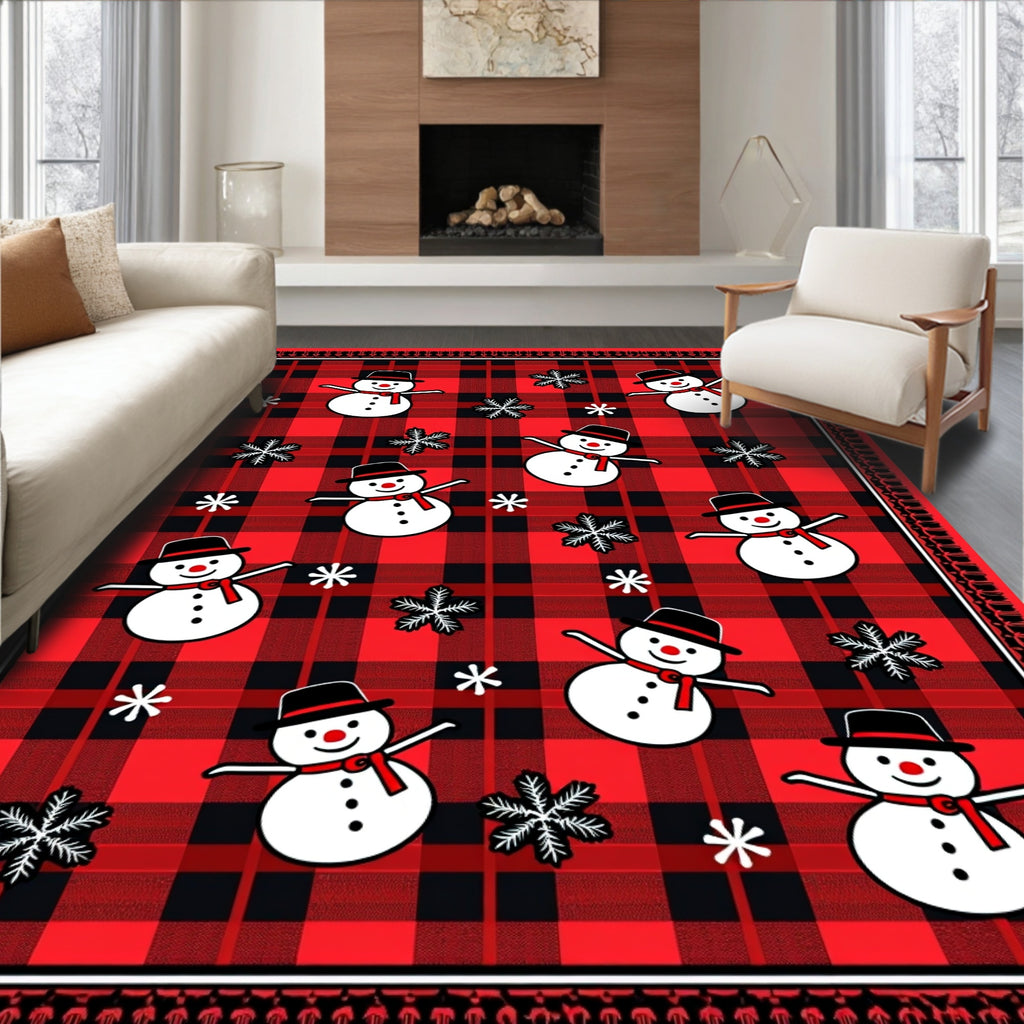 Red Buffalo Plaid Snowman Winter Celebration Rug