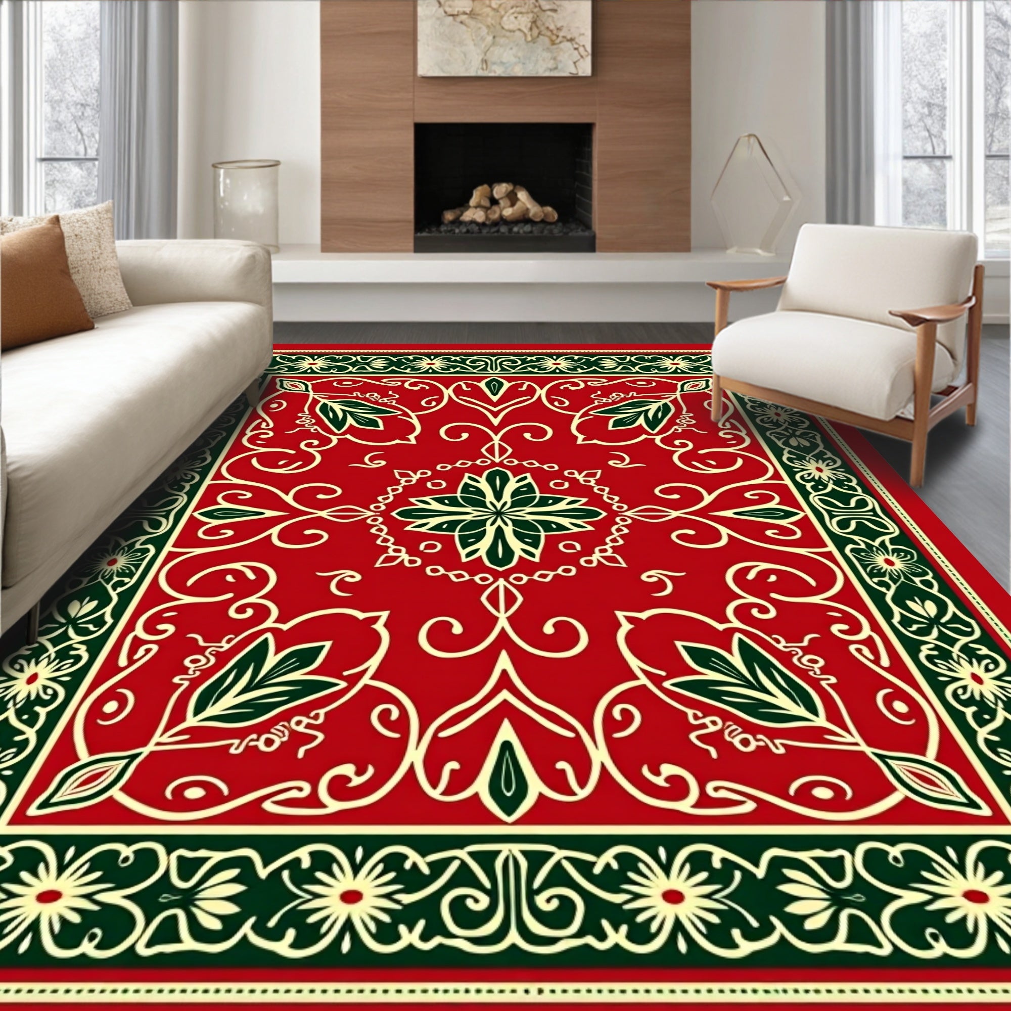 Crimson Floral Vine Scroll Medallion Rug