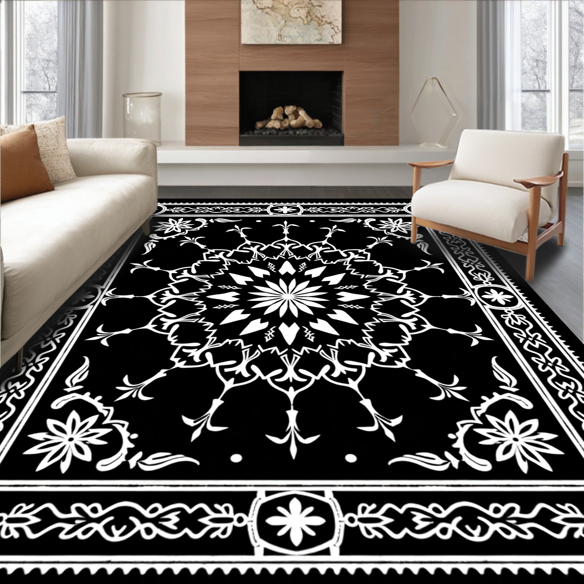 Black White Mandala Floral Border Rug