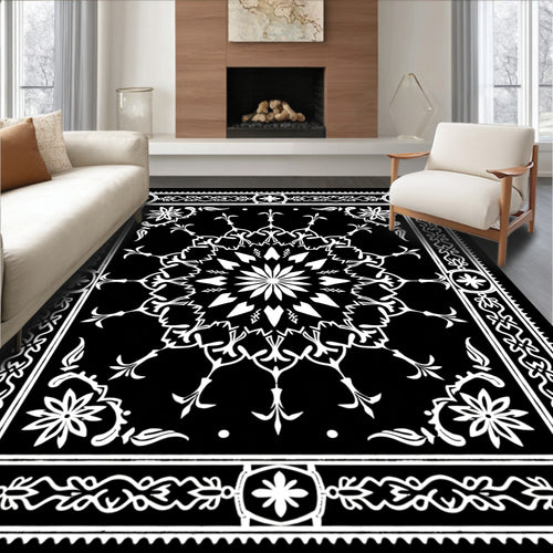 Black White Mandala Floral Border Rug