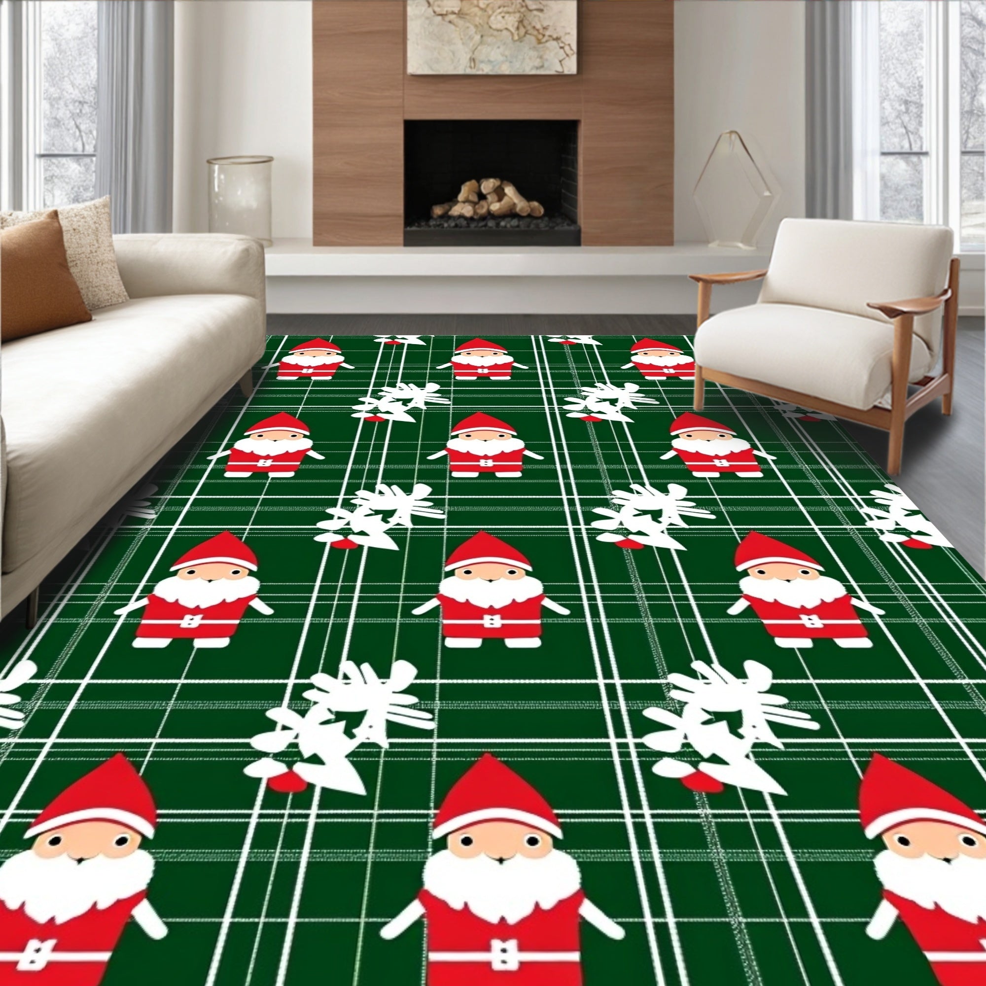 Christmas Gnome Green Tartan Scene Rug