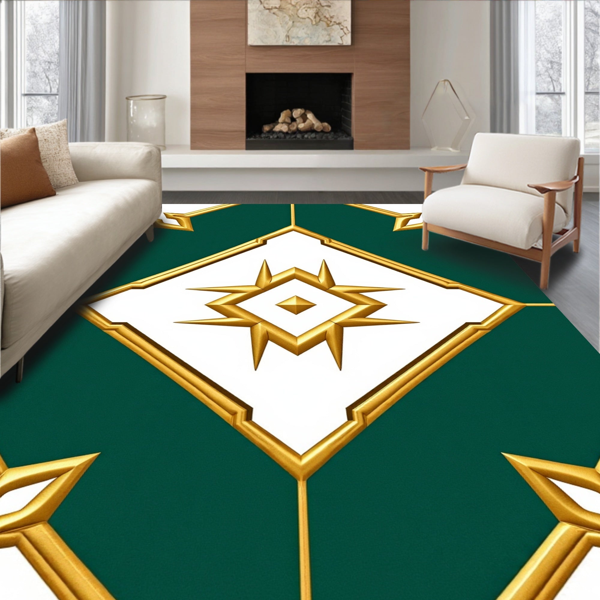 Ornate Gold Emerald Geometric Medallion Rug