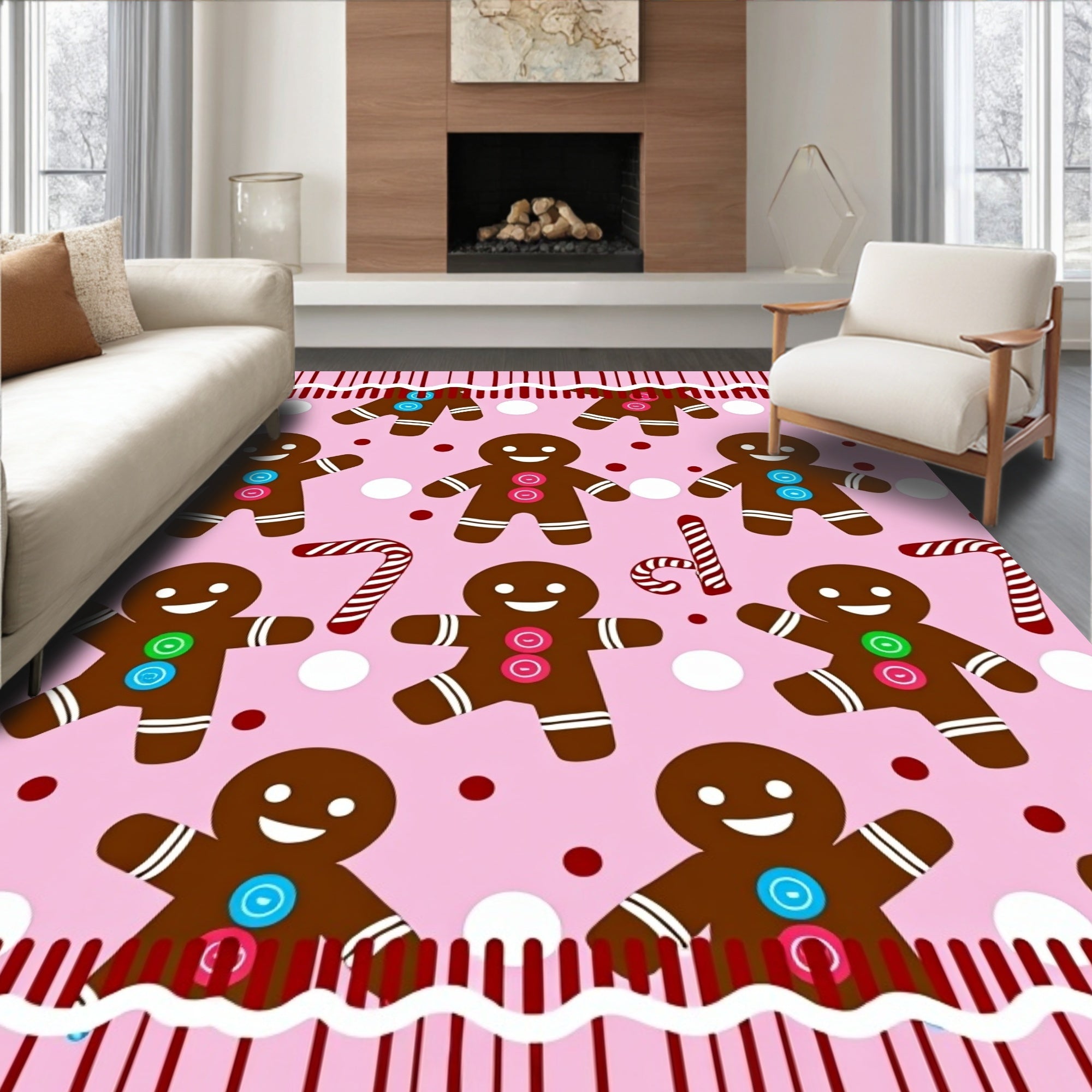 Pink Gingerbread People Candy Cane Repeat Rug