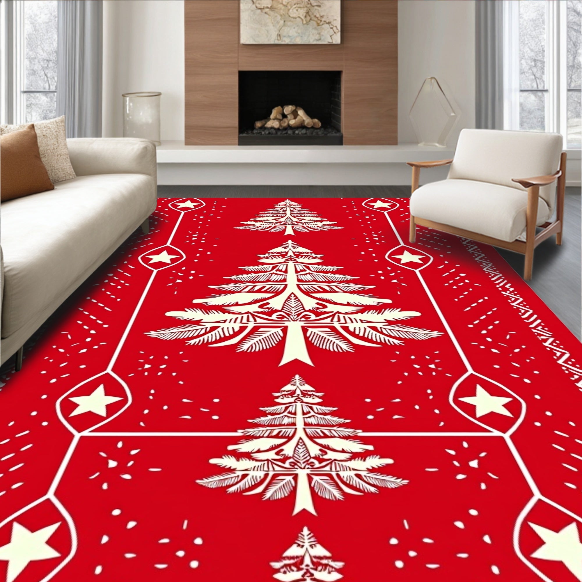 Festive Red Christmas Tree Star Runner Rug