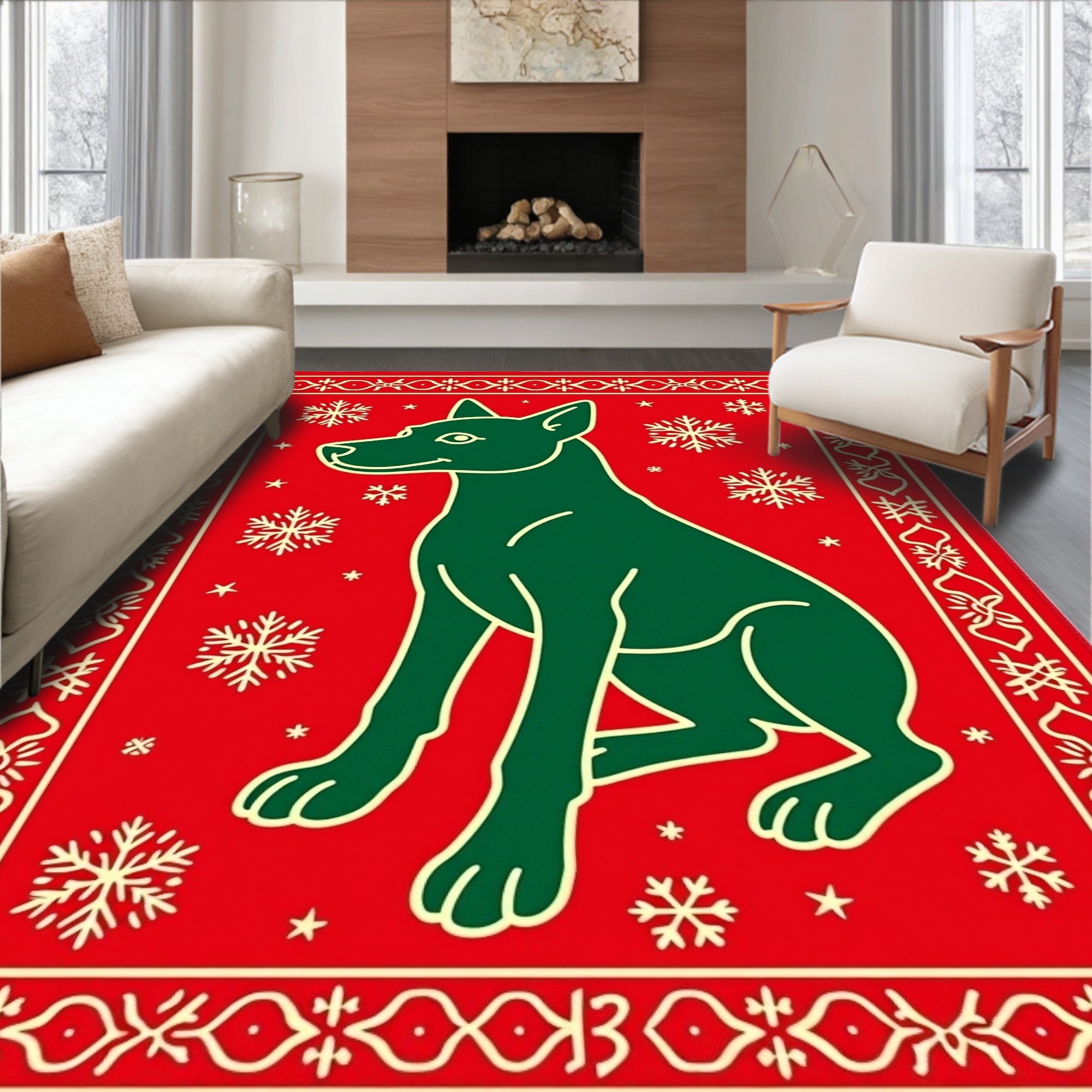 Holiday Green Dog Snowflake Red Rug