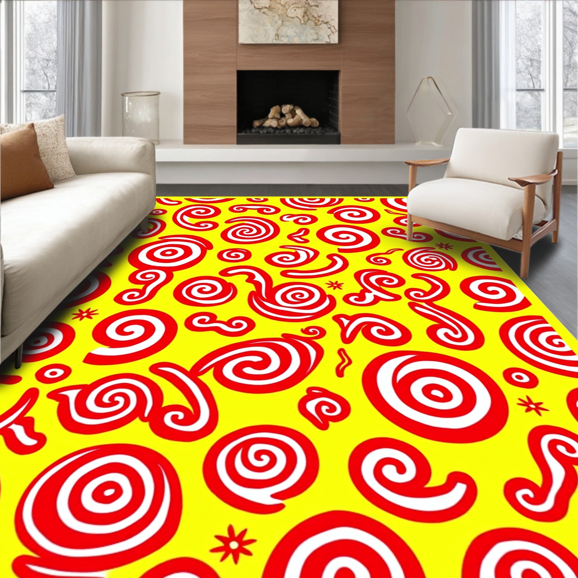 Vibrant Red Swirls Yellow Background Rug