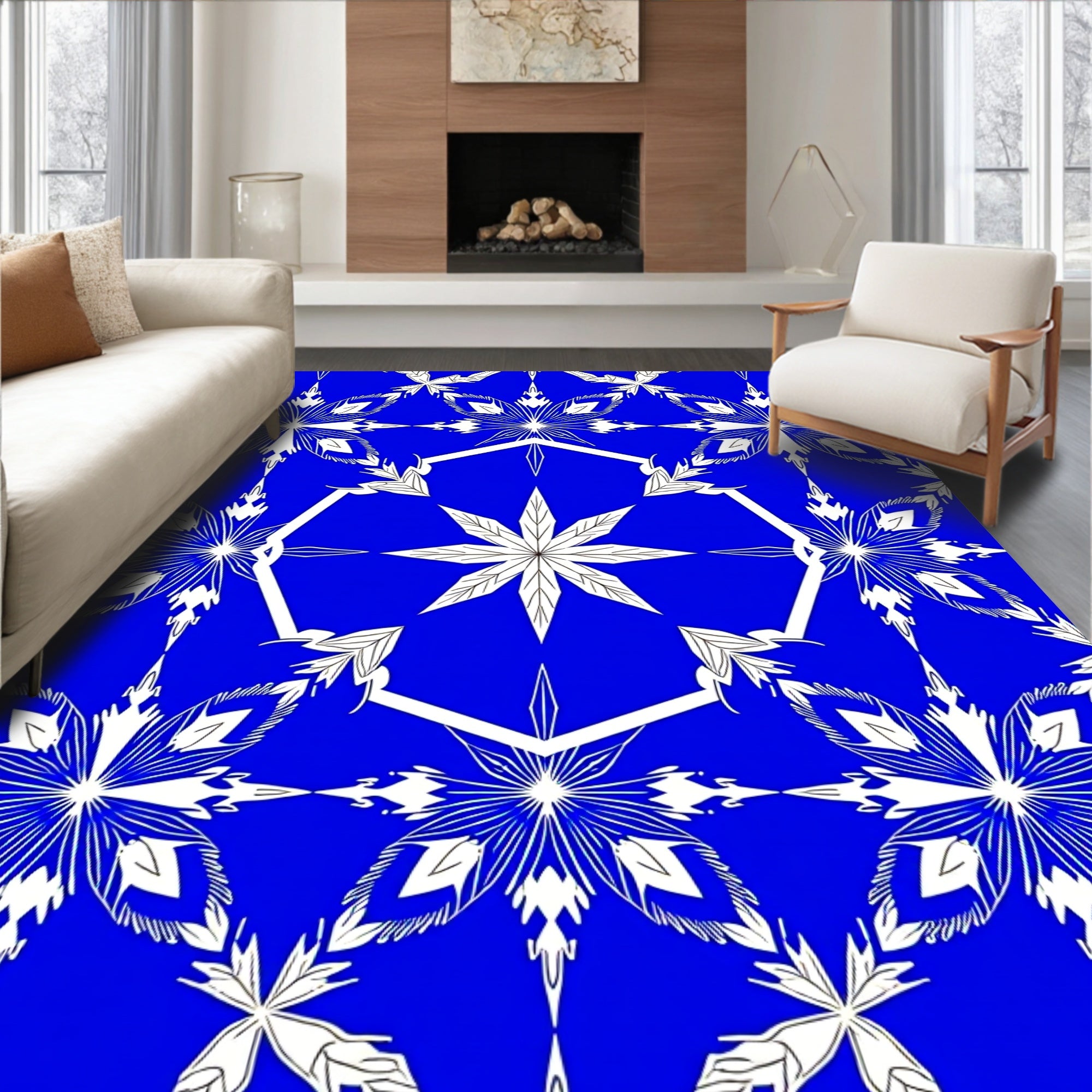 Striking Blue White Floral Geometric Repeats Rug