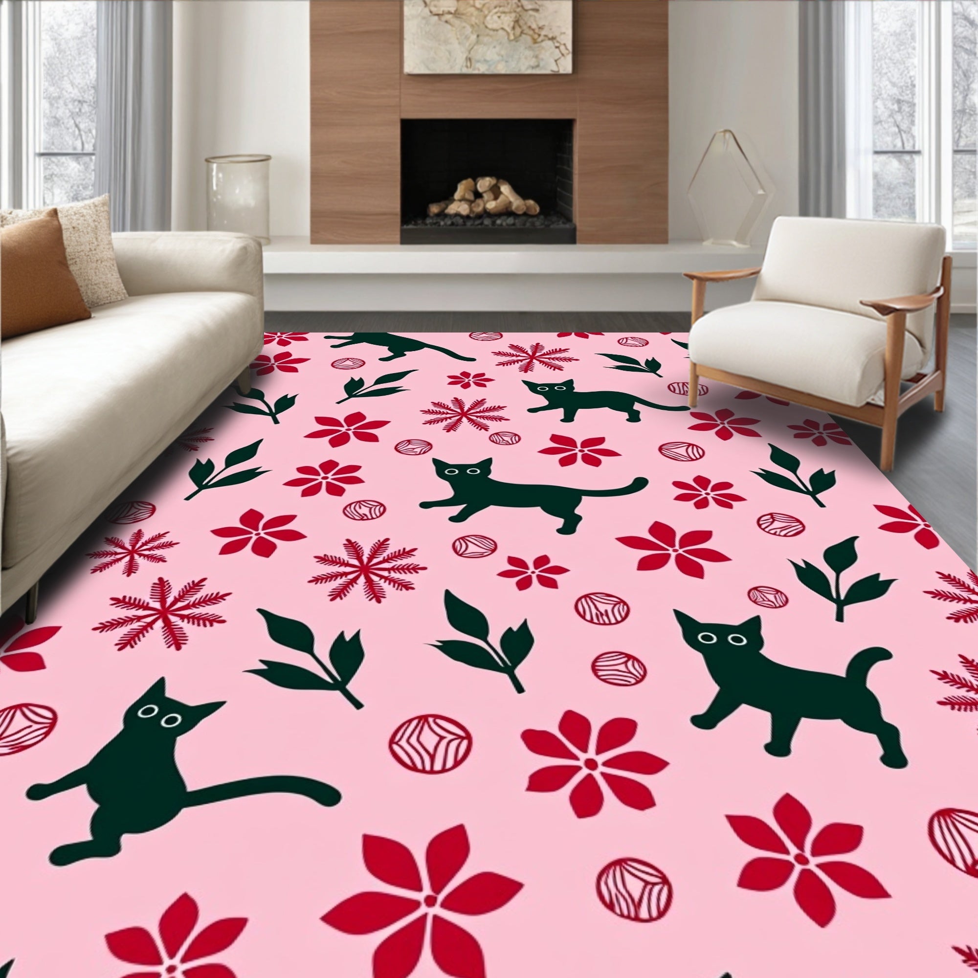 Pink Black Red Cat Floral Snowflakes Rug
