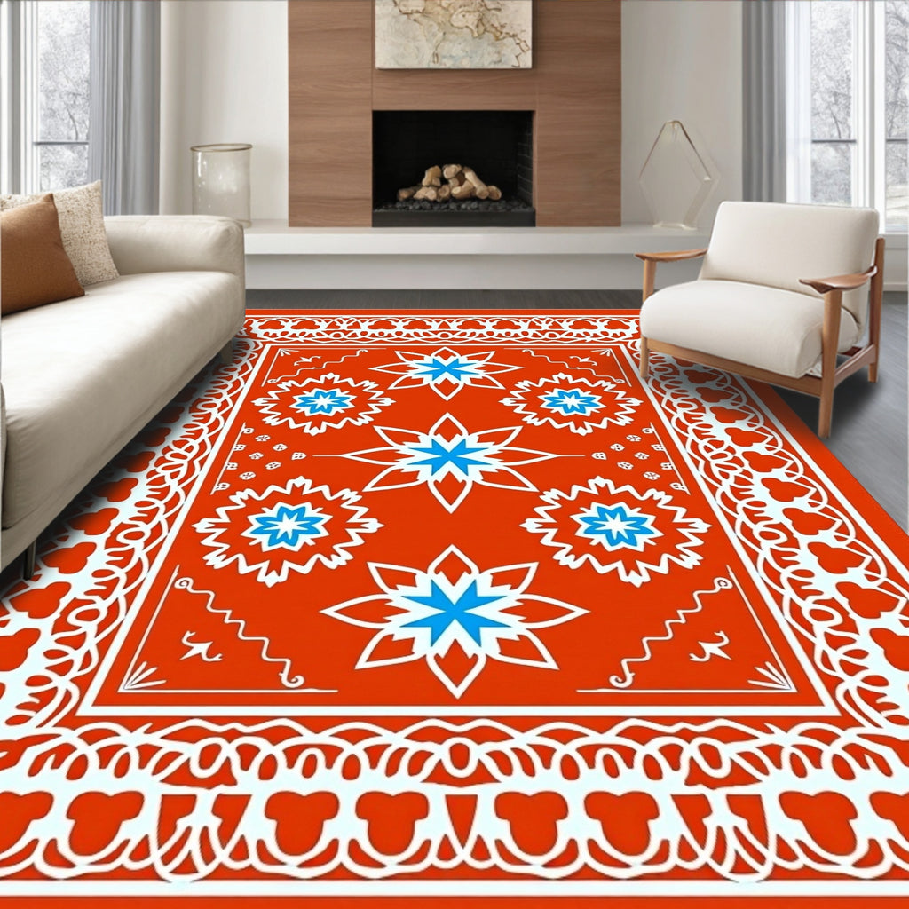 Orange White Blue Floral Medallion Rug