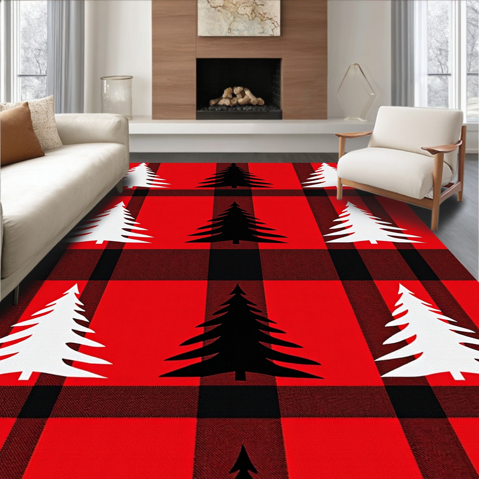 Red Black Buffalo Plaid Trees Rug