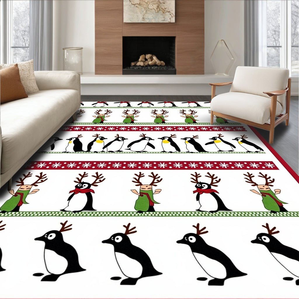 Festive Reindeer Penguin Holiday Border Rug