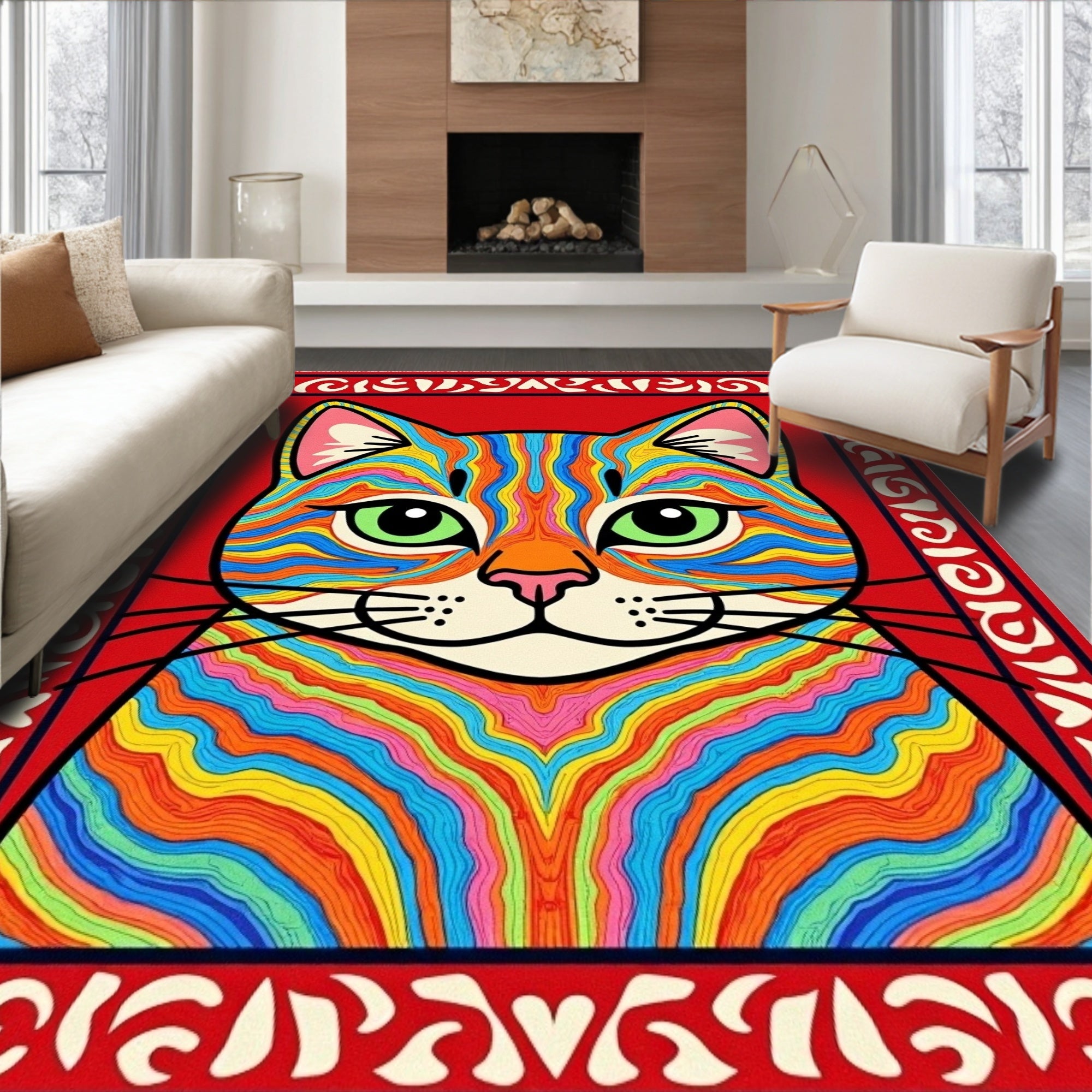 Vibrant Psychedelic Cat Face Rug