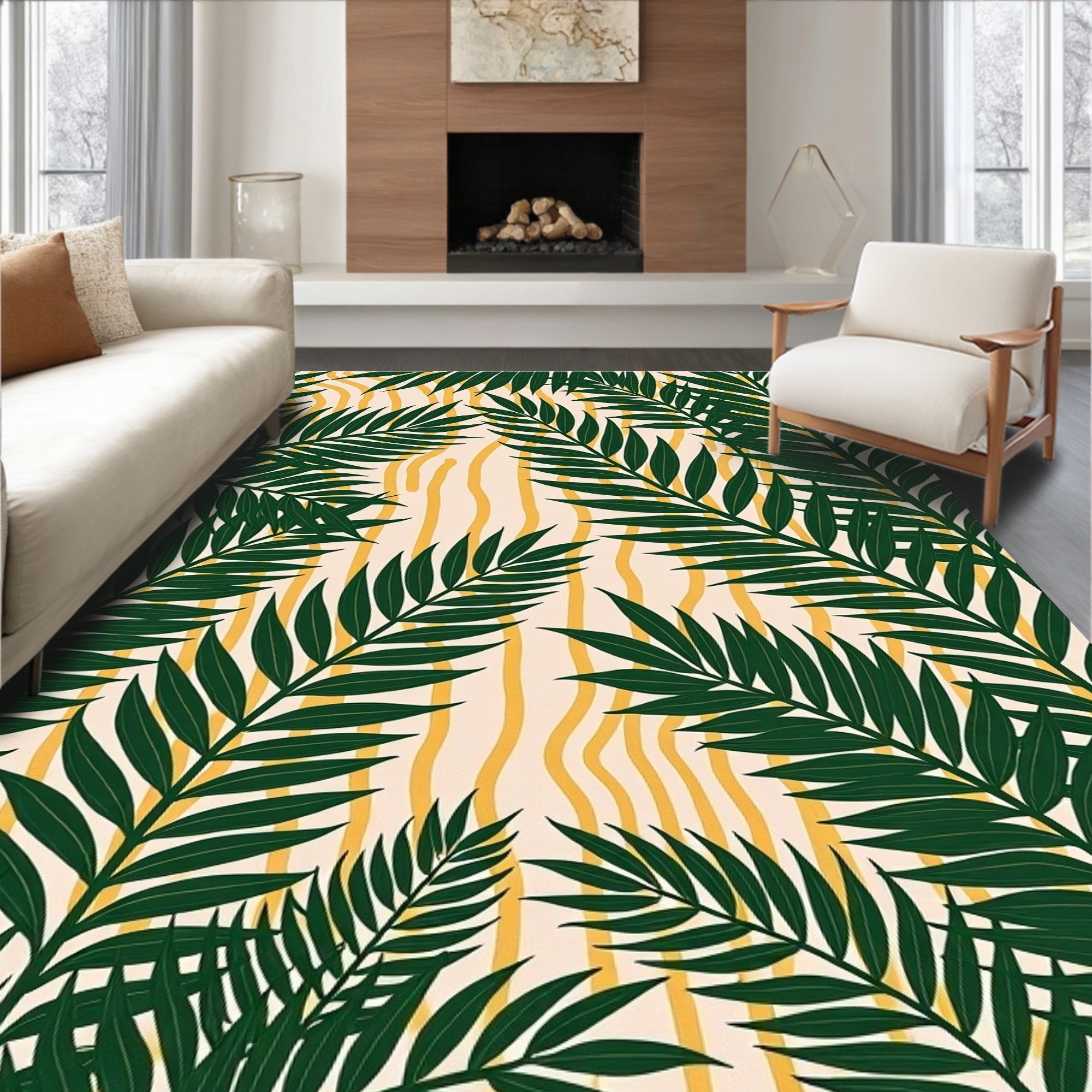 Deep Green Palm Fronds Yellow Swirls Rug