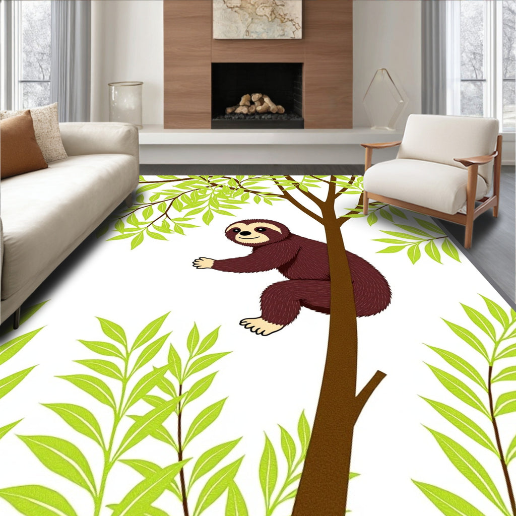 Brown Sloth Perched Among Green Leaves Rug
