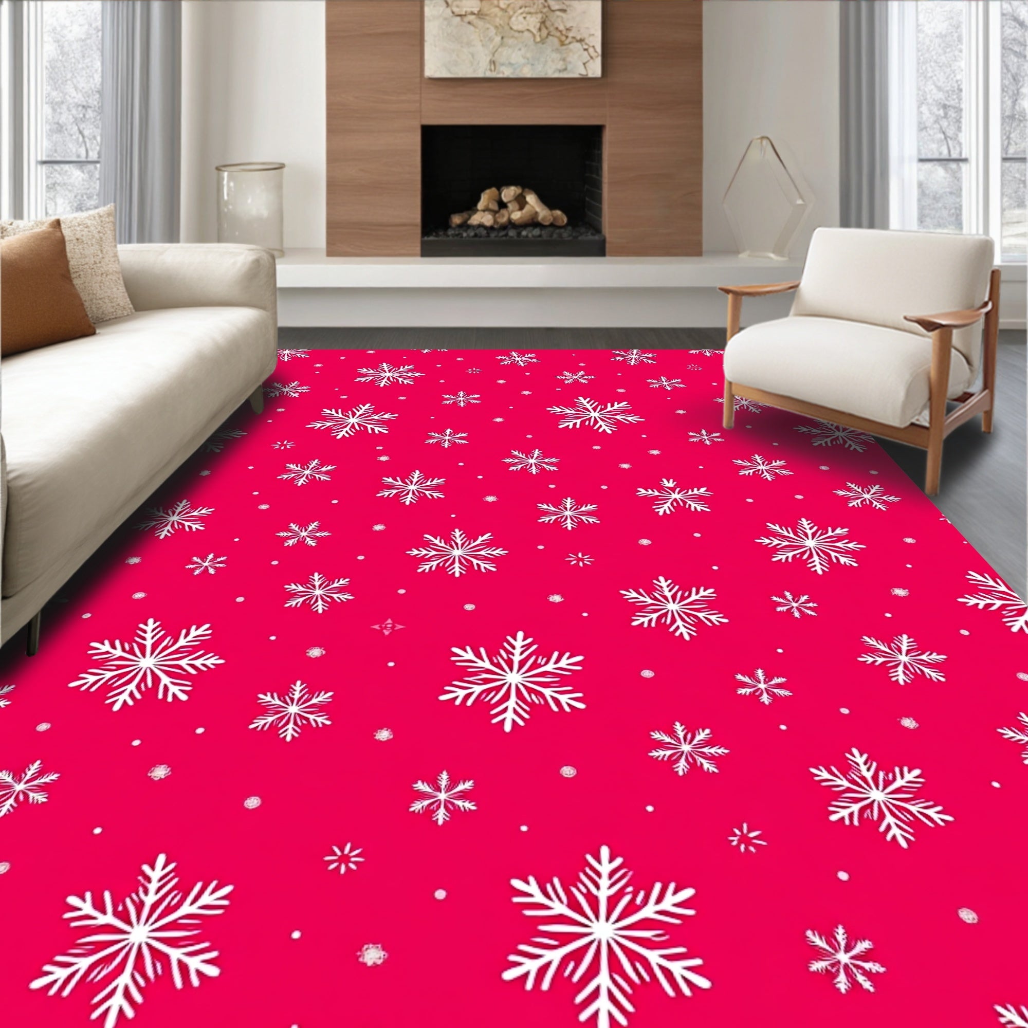 White Snowflake Scatter On Pink Rug
