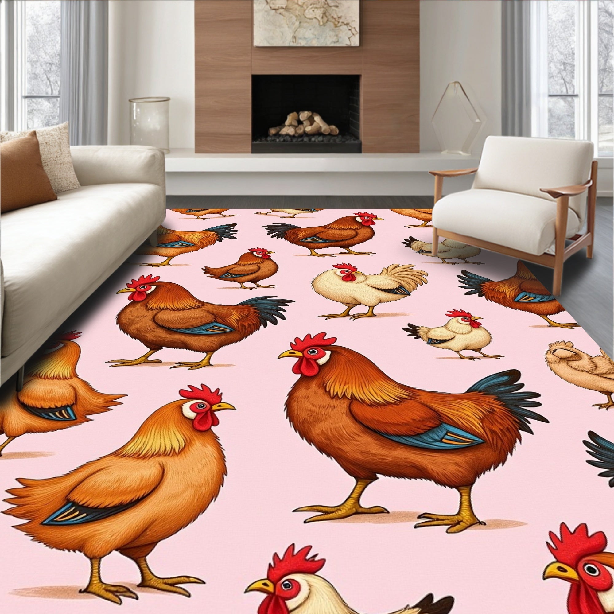 Farmhouse Chickens Pink Repeating Pattern Rug