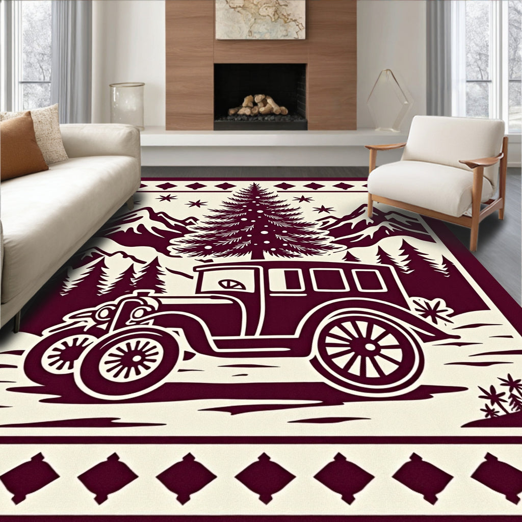 Crimson Vintage Car Evergreen Scene Rug