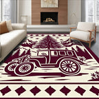 Crimson Vintage Car Evergreen Scene Rug