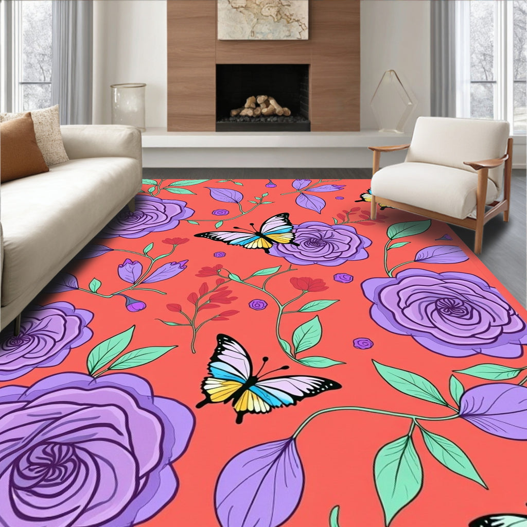 Coral Lilac Roses Butterfly Garden Rug