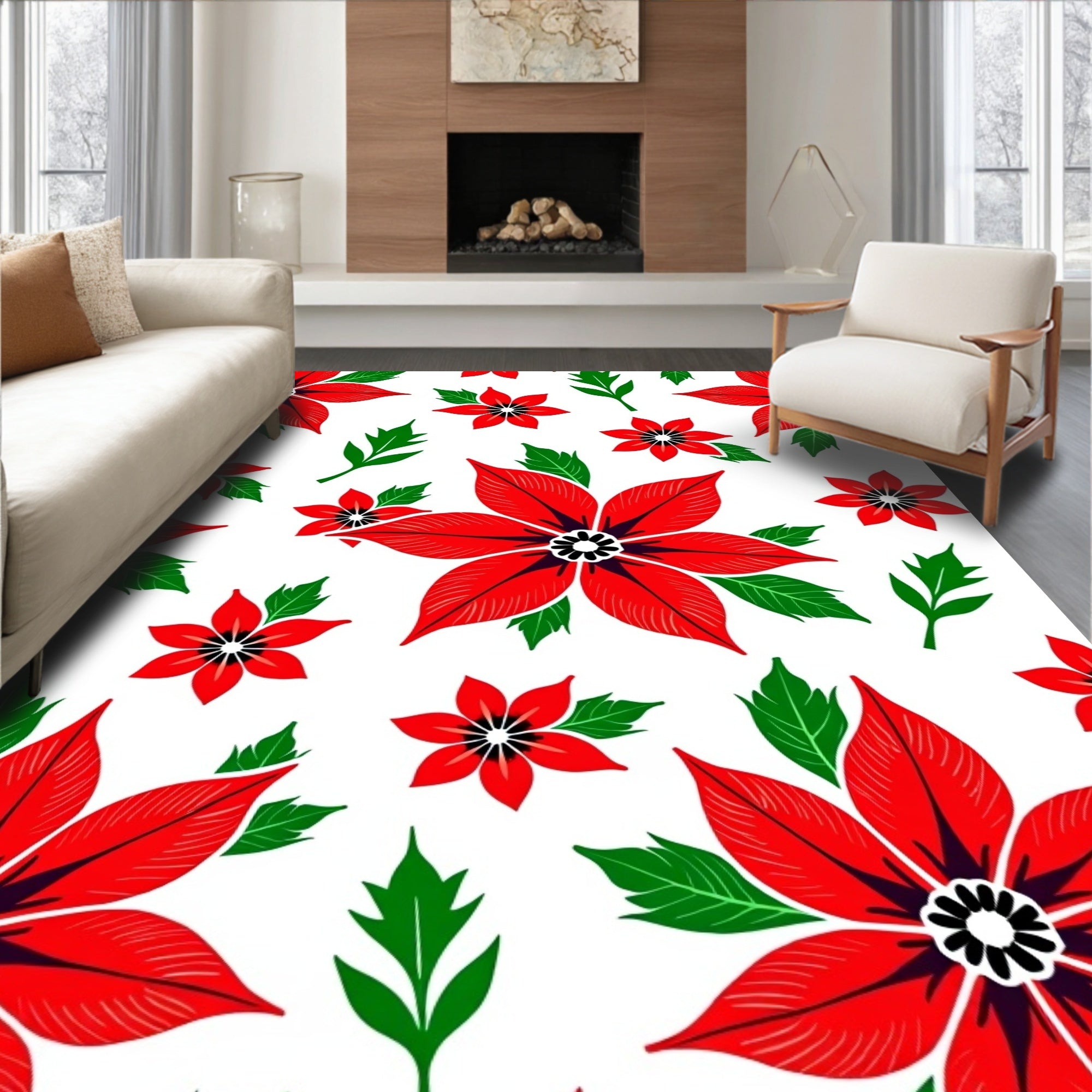 Bold Red Floral Leaf Arrangement Rug