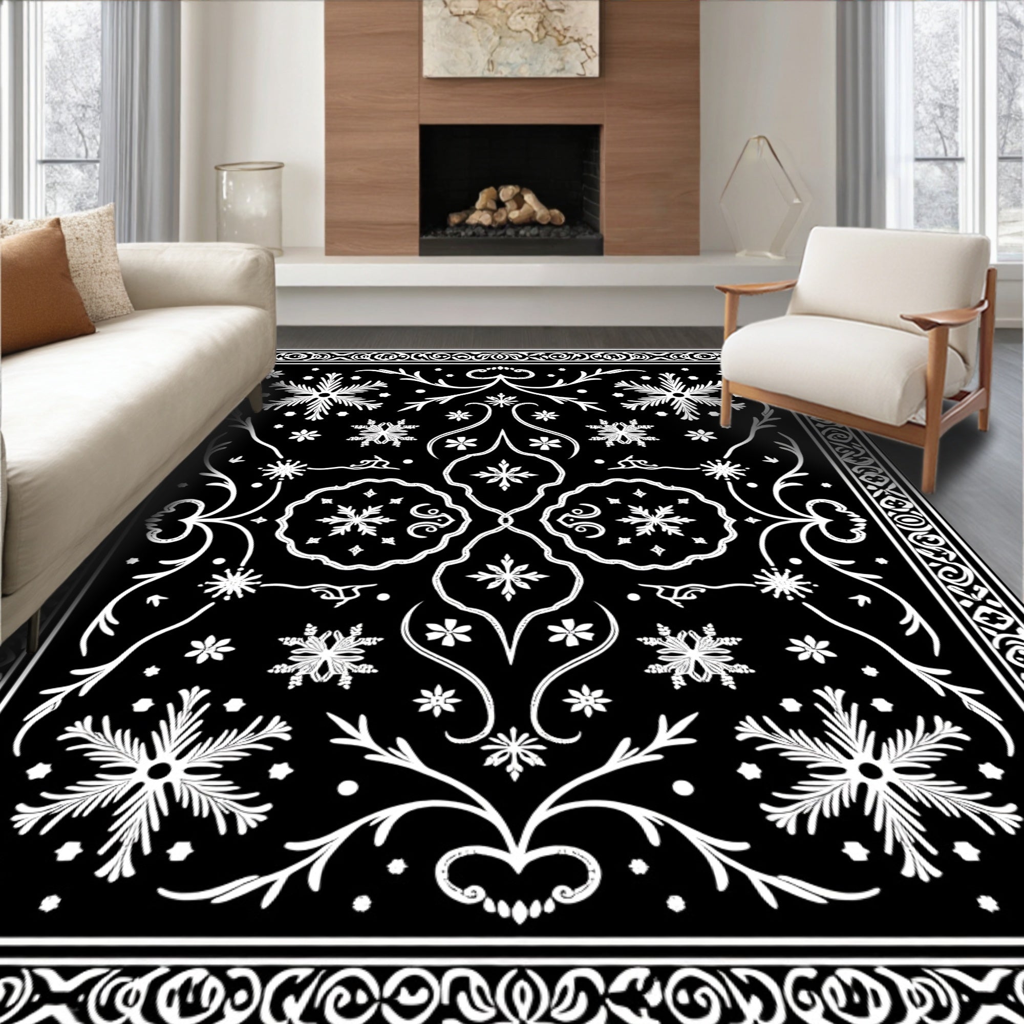 Black White Snowflake Floral Symmetry Rug